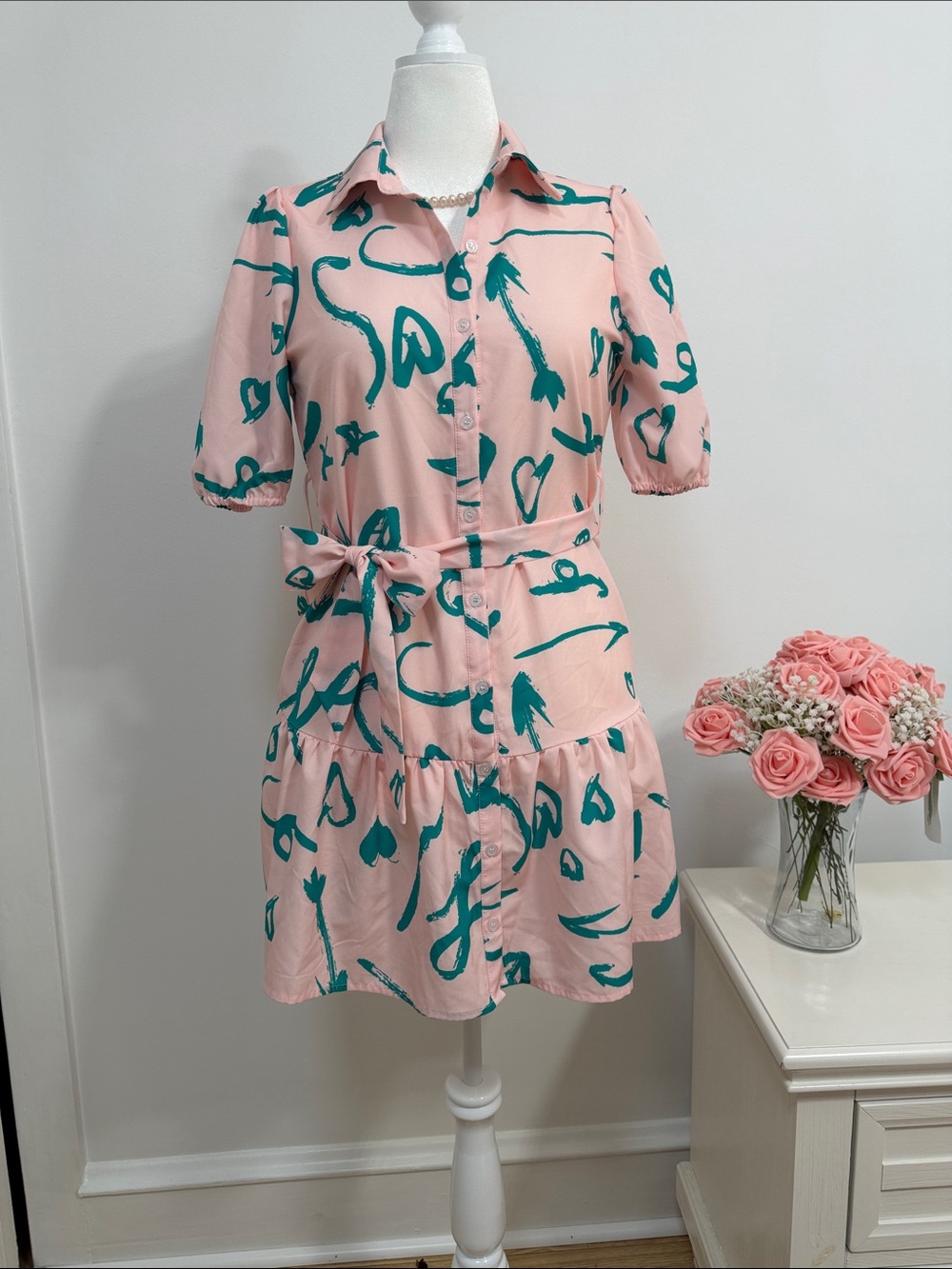 Pink Abstract-Print Tie-Waist Mini Dress with Teal Motif